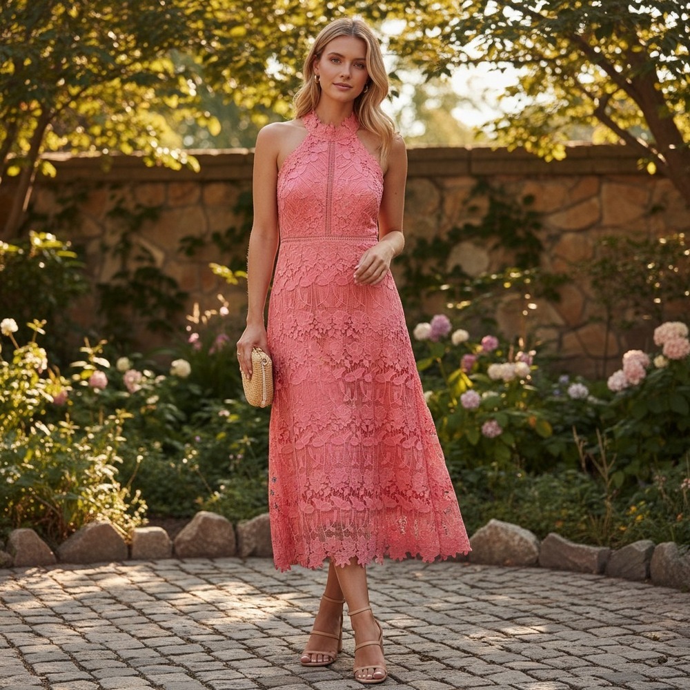 Bardot Coral Pink Floral Lace Halter Midi Dress 8 Ladder Stitching Coquette